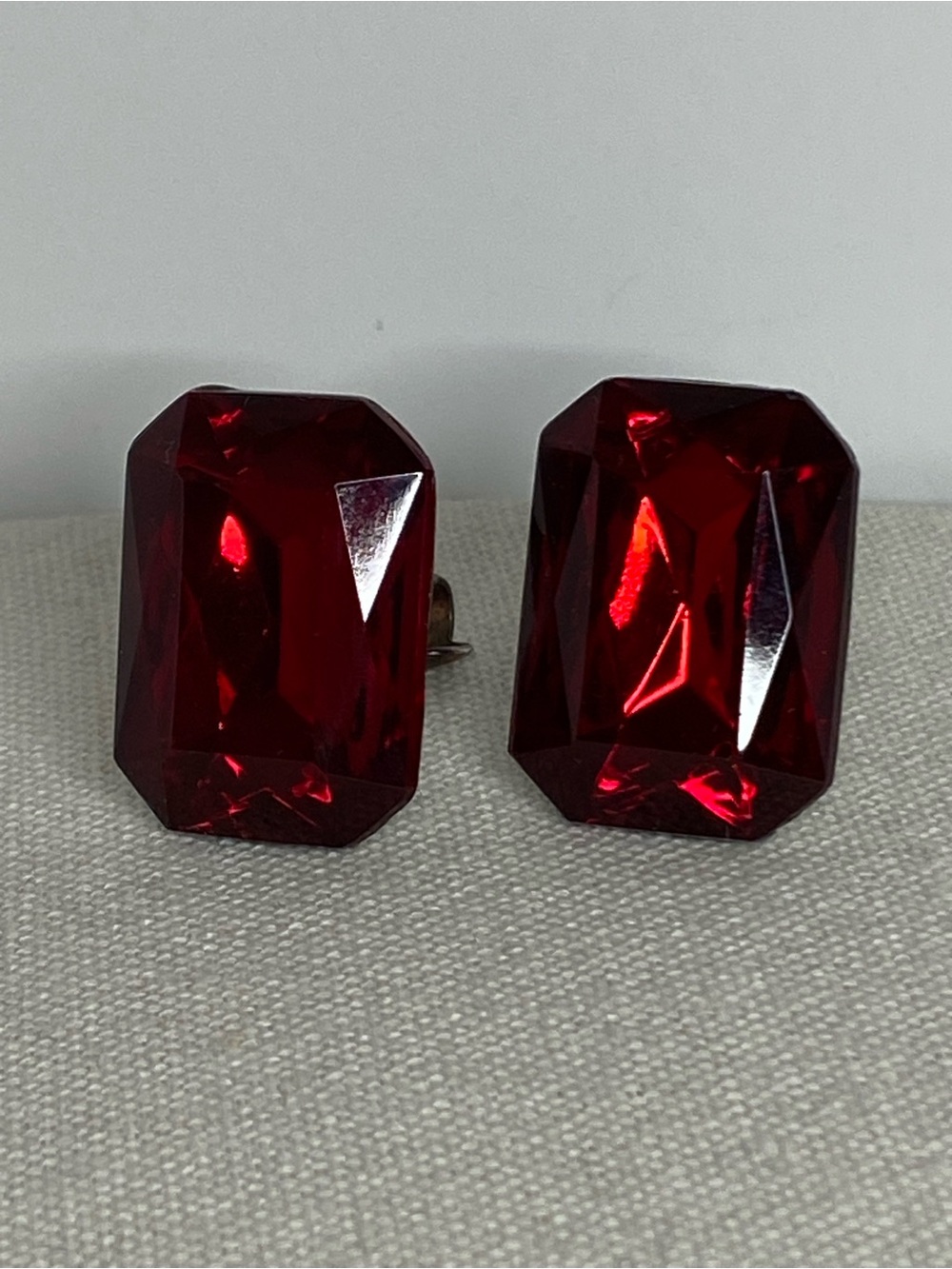 Vintage Deep Red Large Glass Clip On Earrings Emerald Cut Statement